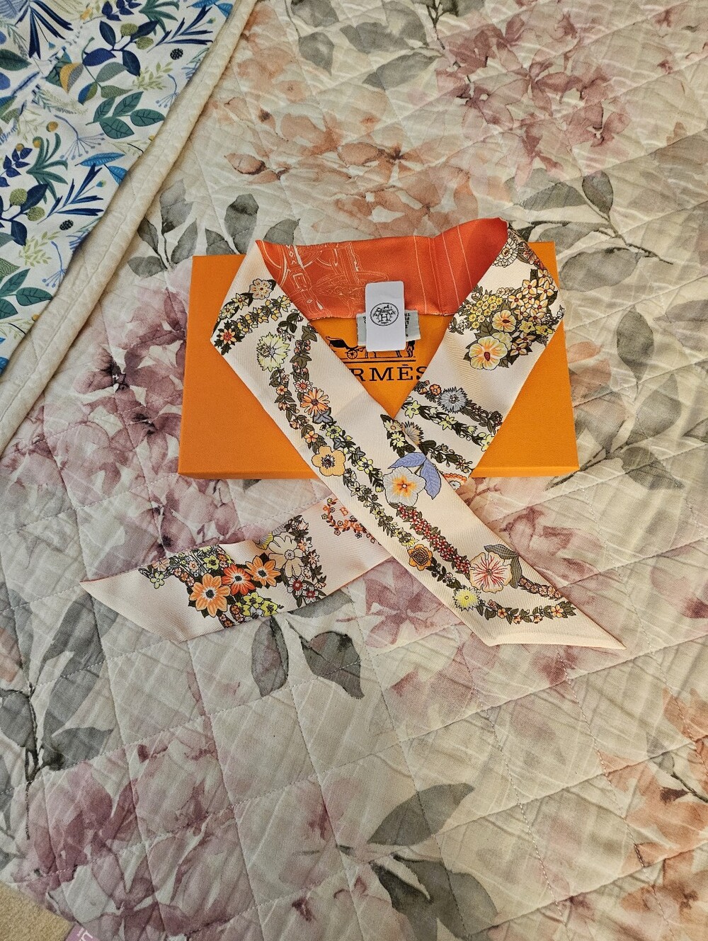 Hermes Orange and Red Silk Scarf with Floral Accent. 34" - Picture 4 of 5
